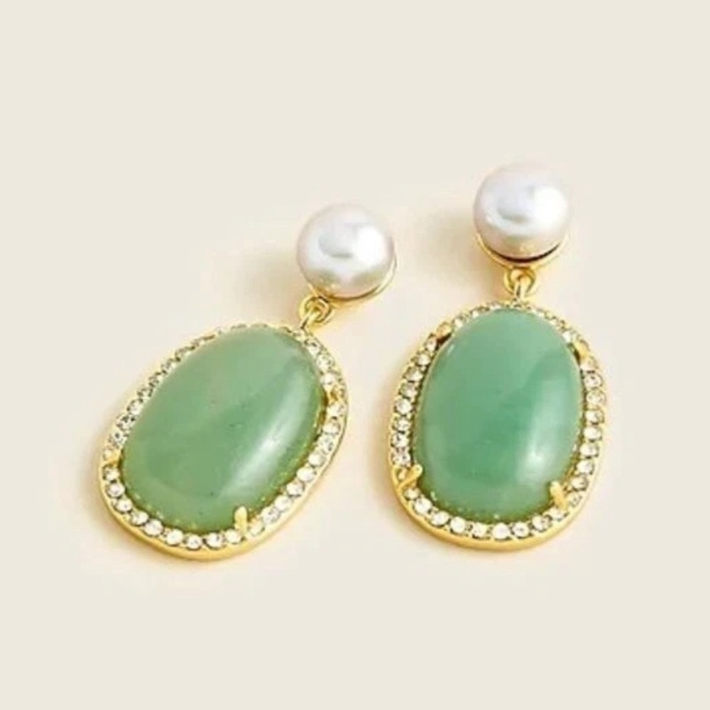 J Crew Large Baldwin Pave Stone Freshwater Pearl Drop‎ Apple Green Earrings NWT